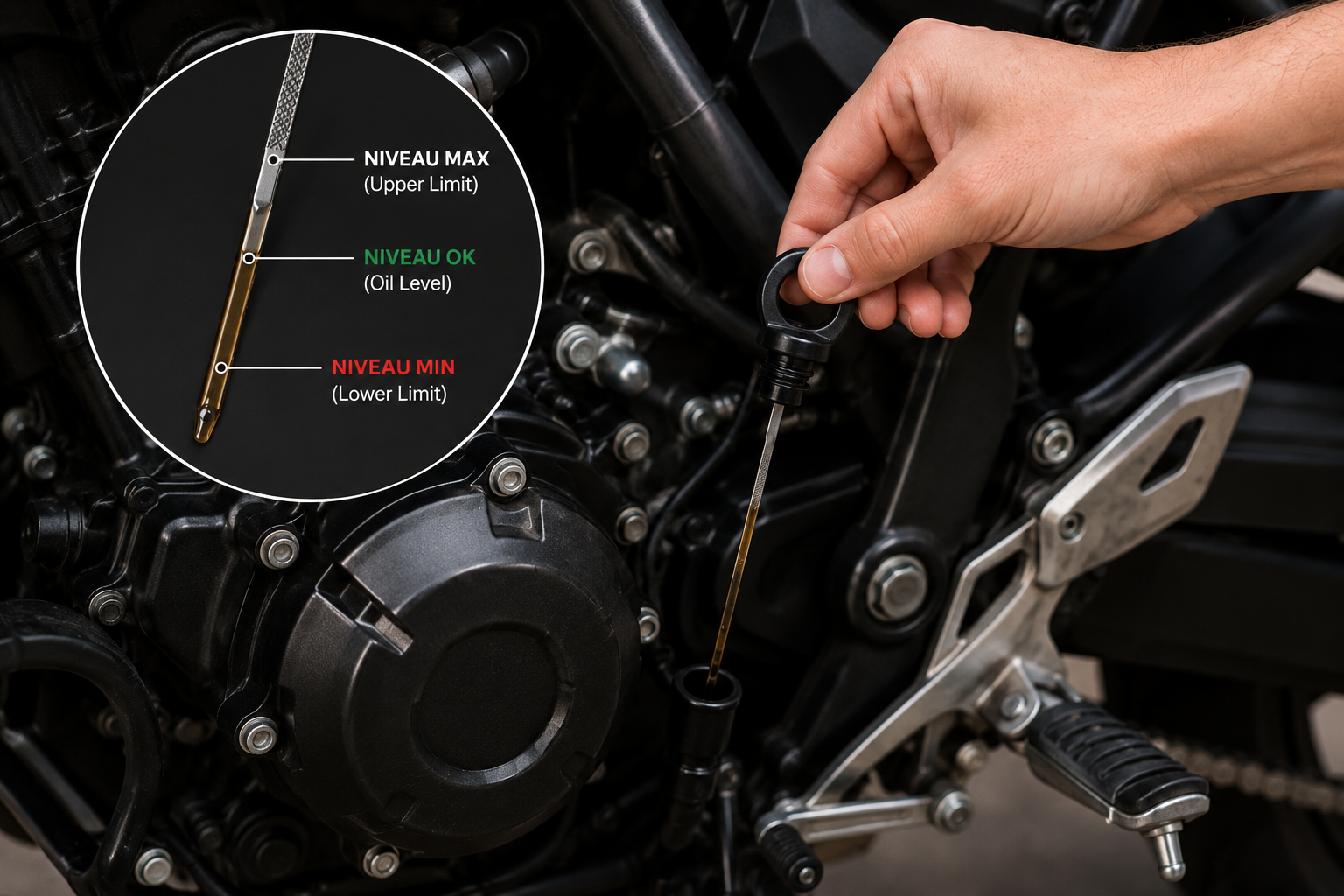 Vérification niveau d'huile moto sur jauge - tige de mesure
