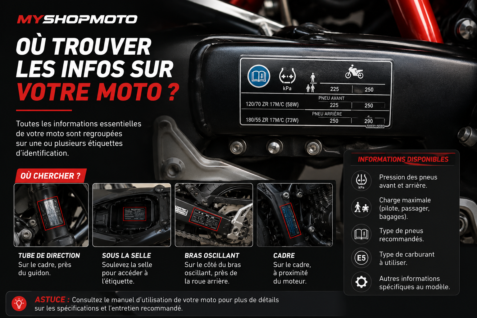 Où trouver les informations de pression sur sa moto - autocollant sous la selle