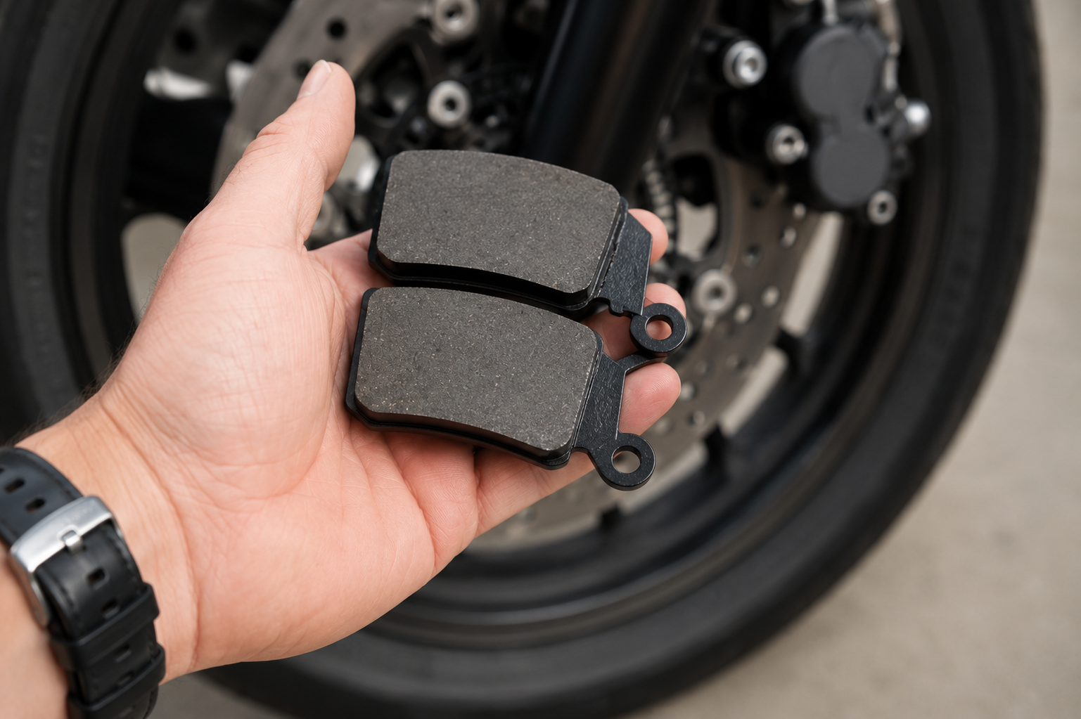 Plaquettes de frein moto usées et neuves comparaison - diagnostic épaisseur