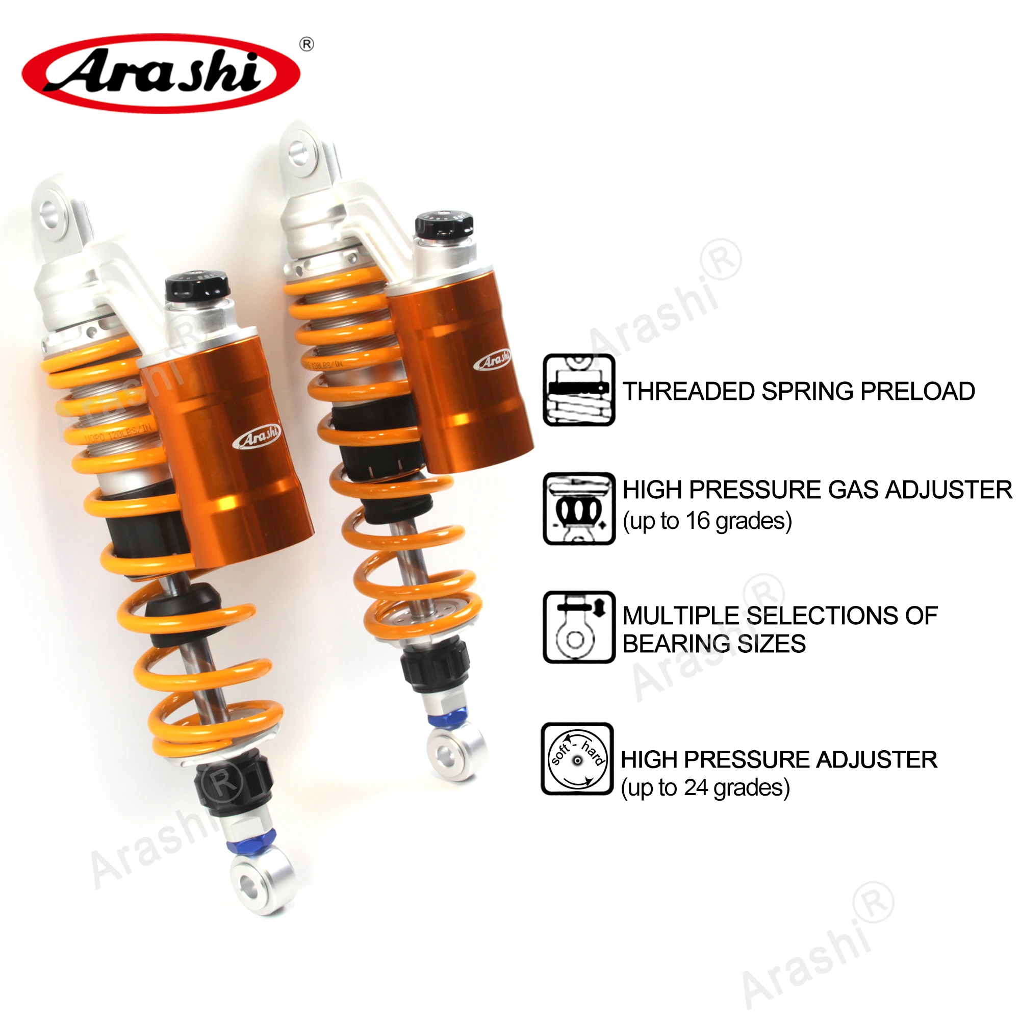 Amortisseur arrière Arashi à azote 330mm universel pour motos de route et vintage pack de deux – Image 2
